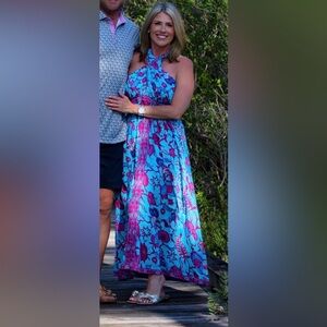 Caroline Constas Blue and Pink Floral Maxi Dress